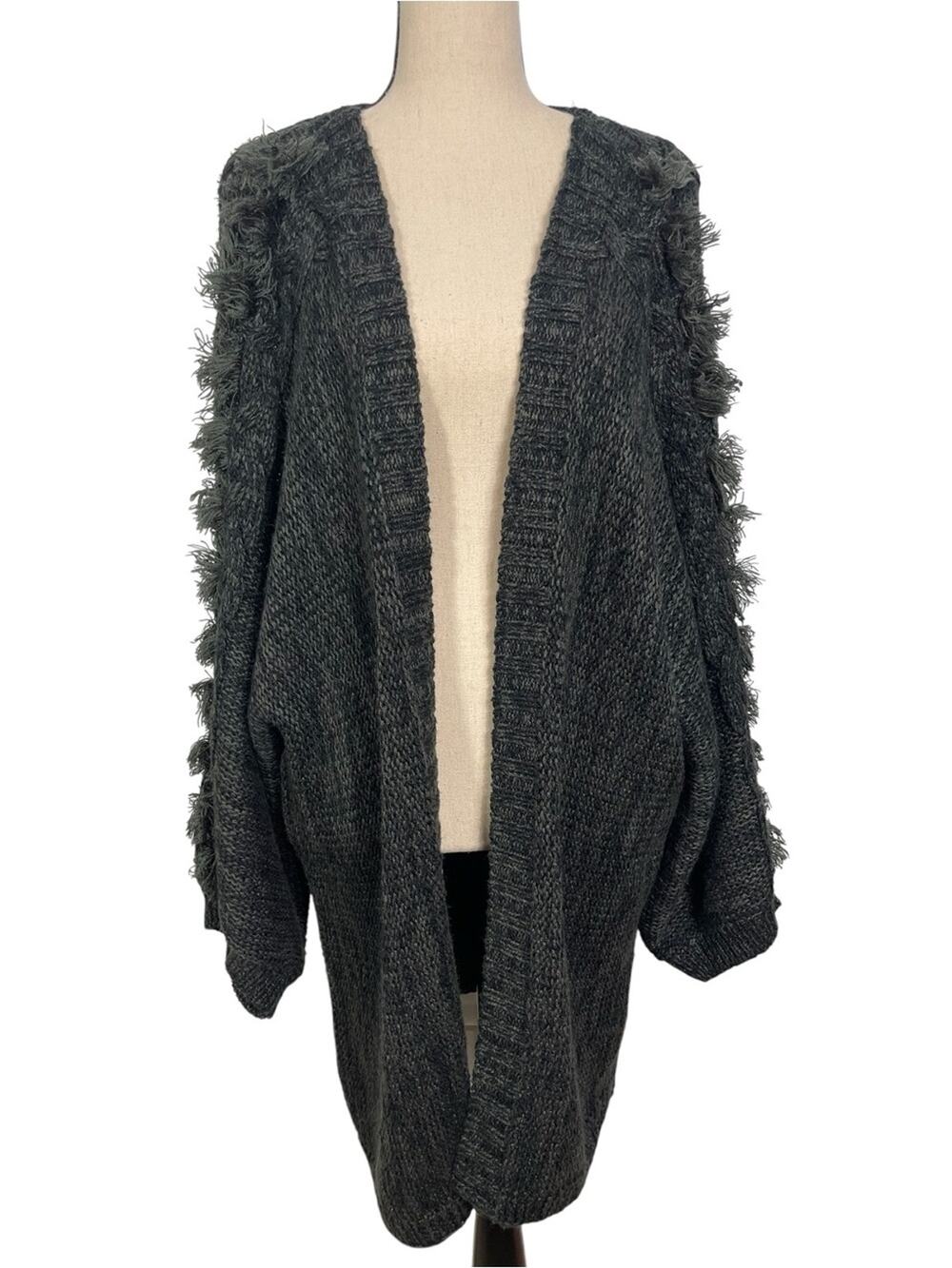 Anthropologie Chunky Knit Cardigan Fringe Sleeves Oversized Black Grey One Size